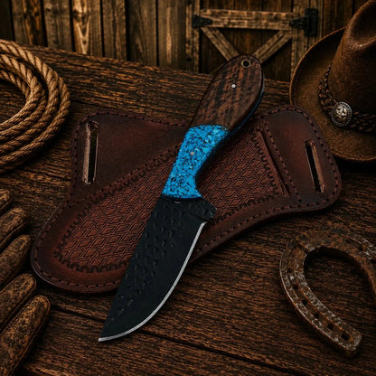 Cowboy Field Working Knife – Black Powder Coated Rasp Steel Blade with Turquoise & wood Handle