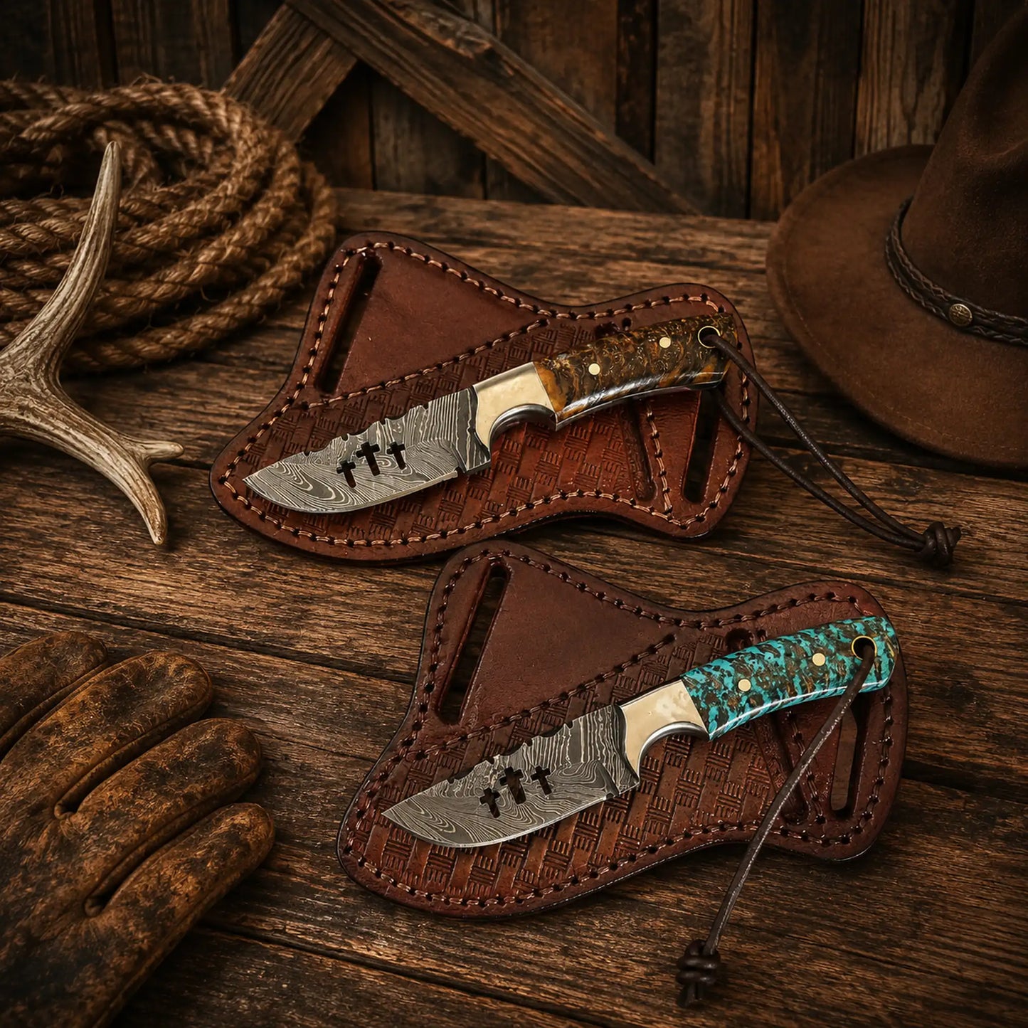 Best Ranch Knife Set – 3.5" Handmade Damascus Steel Knives with Pine Cone Resin Handles