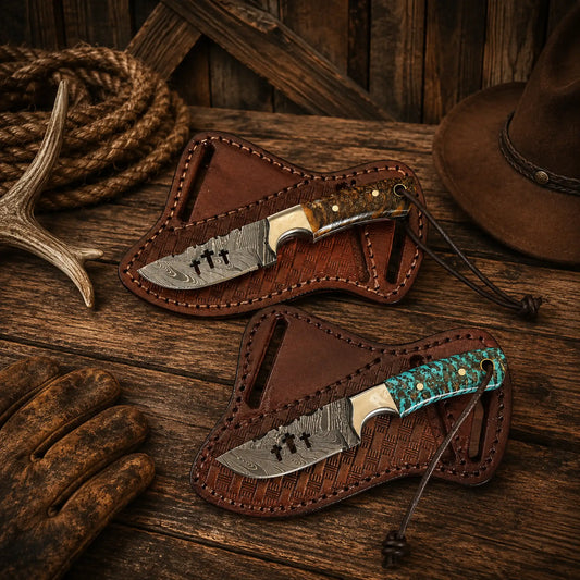 Best Ranch Knife Set – 3.5" Handmade Damascus Steel Knives with Pine Cone Resin Handles