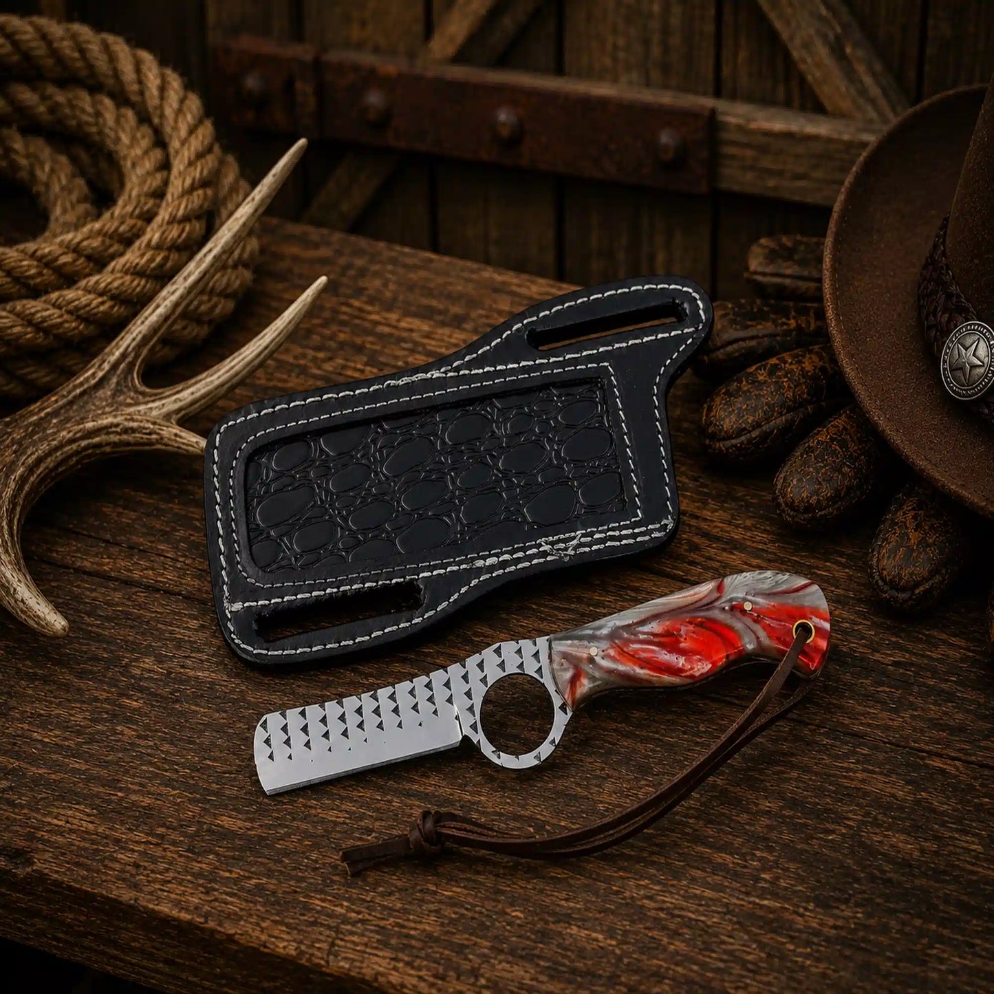 Cowboy Bull Cutter Knife – 3.75" Rasp Steel Blade & Red Epoxy Resin Handle