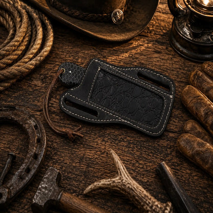 Handmade Bull Cutter Knife – D2 Powder Coated Blade Honeycomb Handle & Front Pancake Leather Sheath