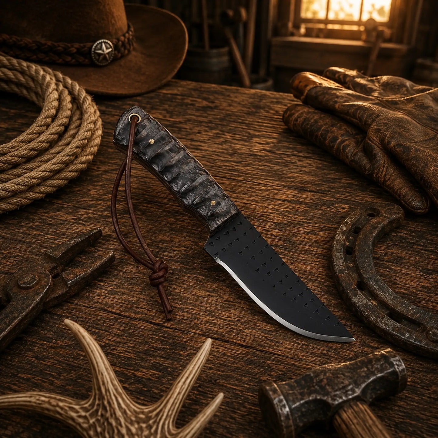 Cowboy Ranch Hunting Knife D2 Rasp Powder Coated Steel – Jigged Pakka Wood Handle with Horizontal Leather Sheath