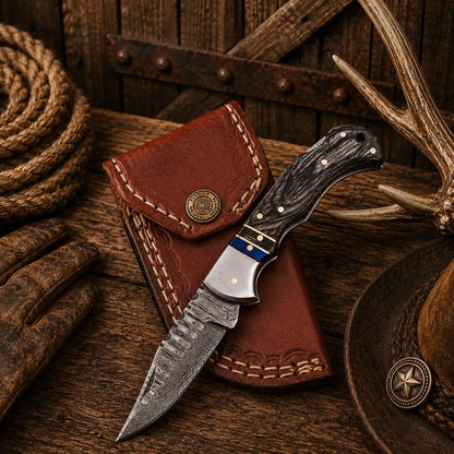 6.5" Damascus Steel Folding Pocket Knife – Black Pakka Wood Handle & Leather Sheath