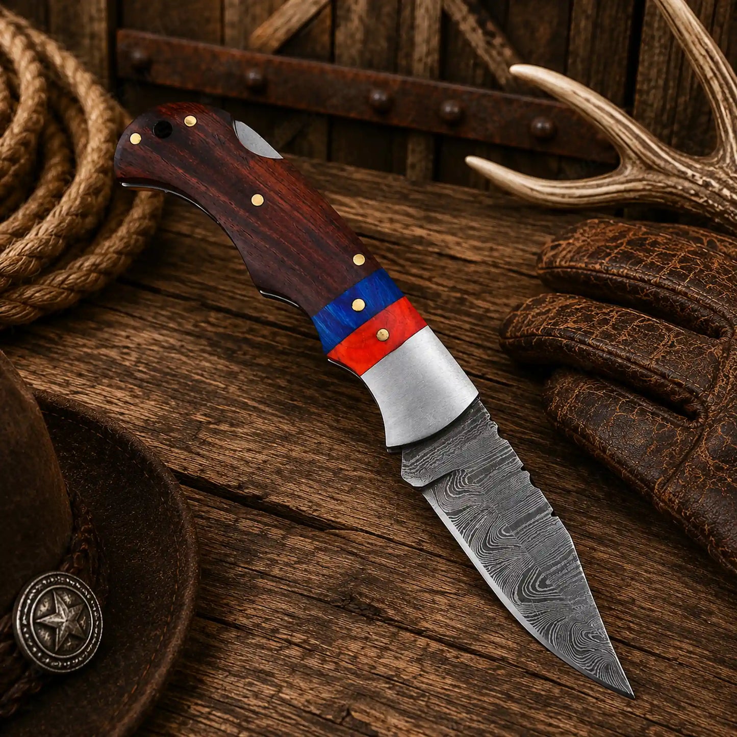 6.5" Damascus Steel Folding Pocket Knife – Wood Handle & Leather Sheath