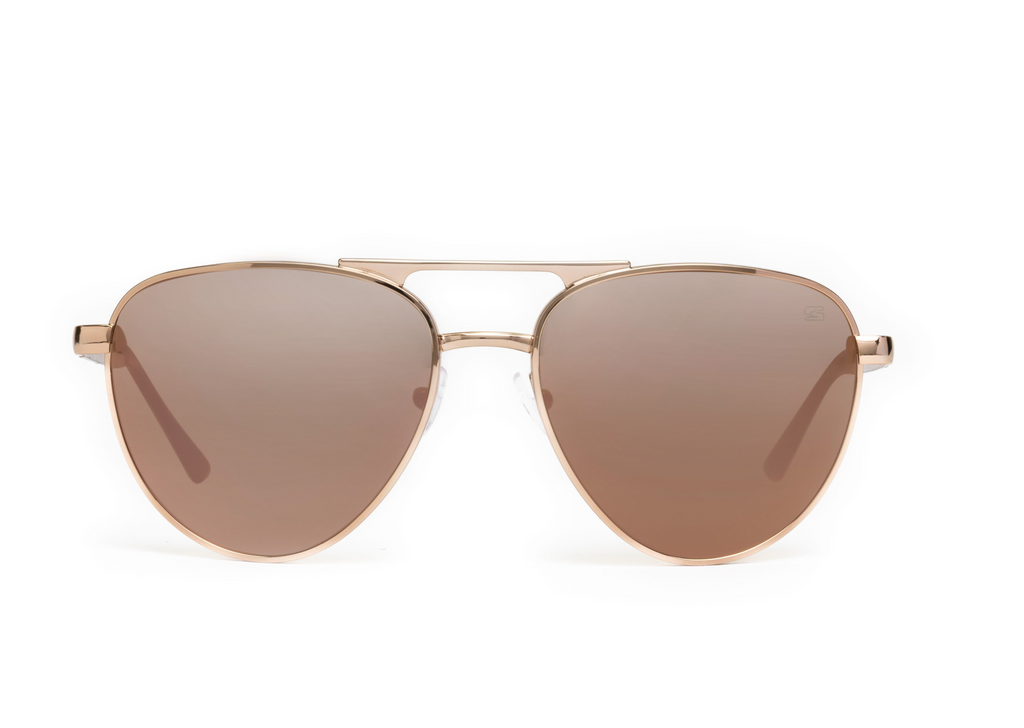 Aviator sunglasses in rose gold with pink lens, side view