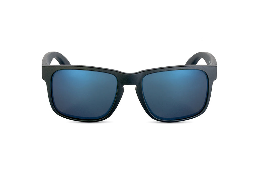 Decoy sunglasses in matte black with blue gun lens, side view