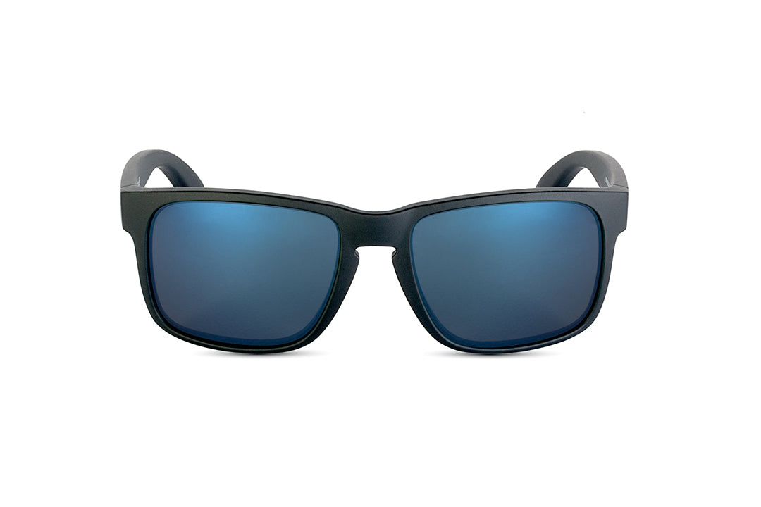 Decoy sunglasses in matte black with blue gun lens, side view