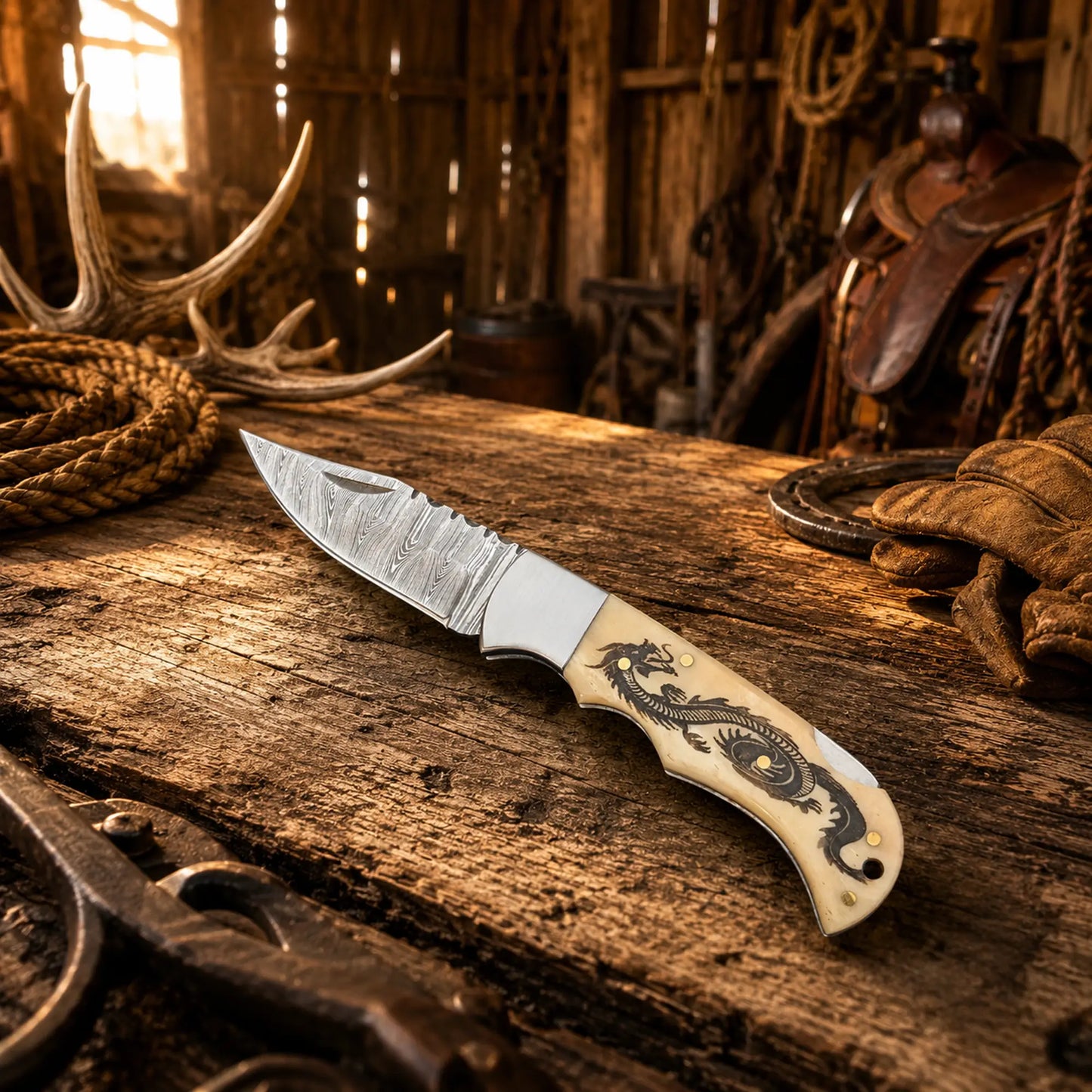 Handmade Damascus Pocket Knife – Dragon Engraved Camel Bone Handle Back Lock Knife