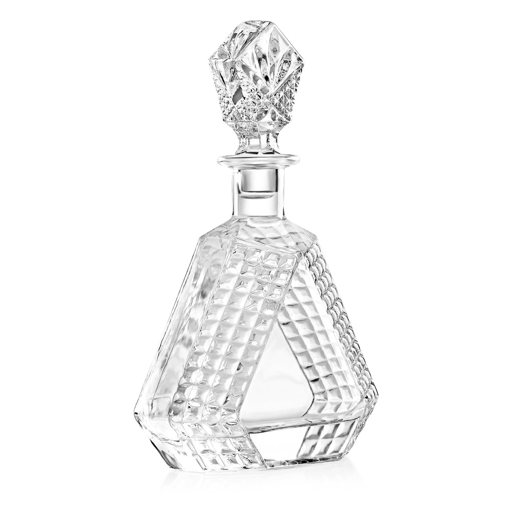 Triangle glass decanter side view showing hammered texture