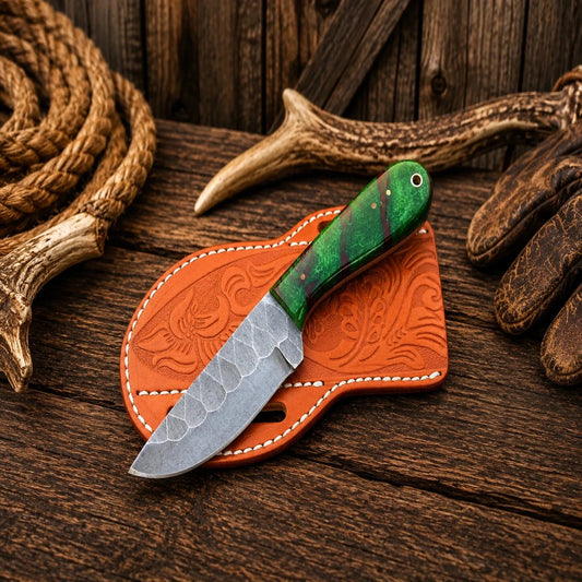 Emerald Mesa Scout Skinner Knife – D2 Acid Wash Blade, Green Resin Handle & Belt Sheath