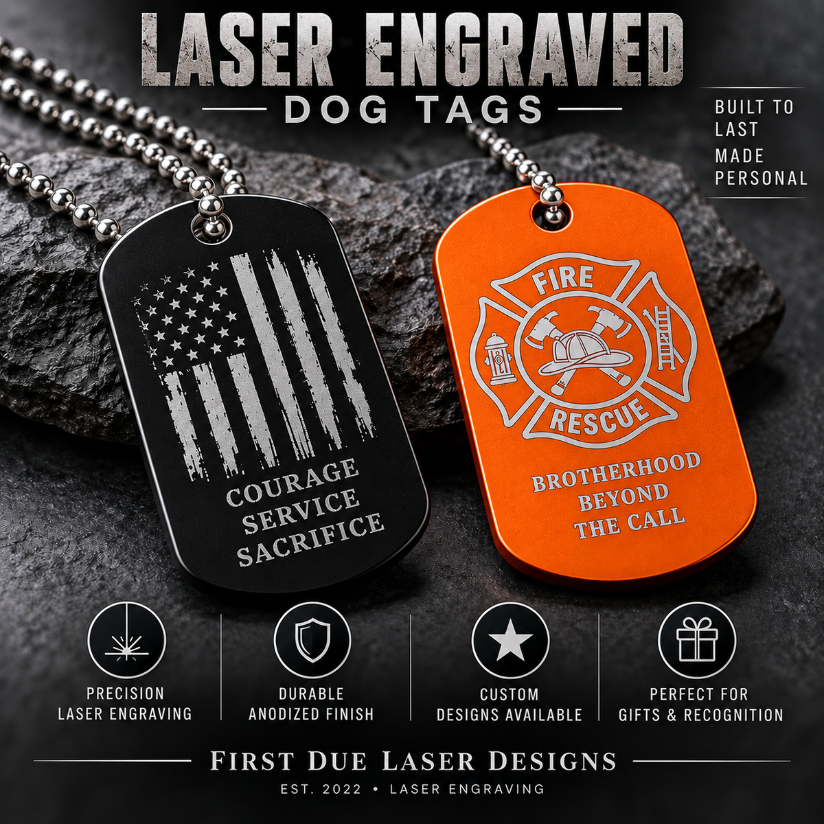 Custom laser engraved firefighter dog tag, personalized aluminum