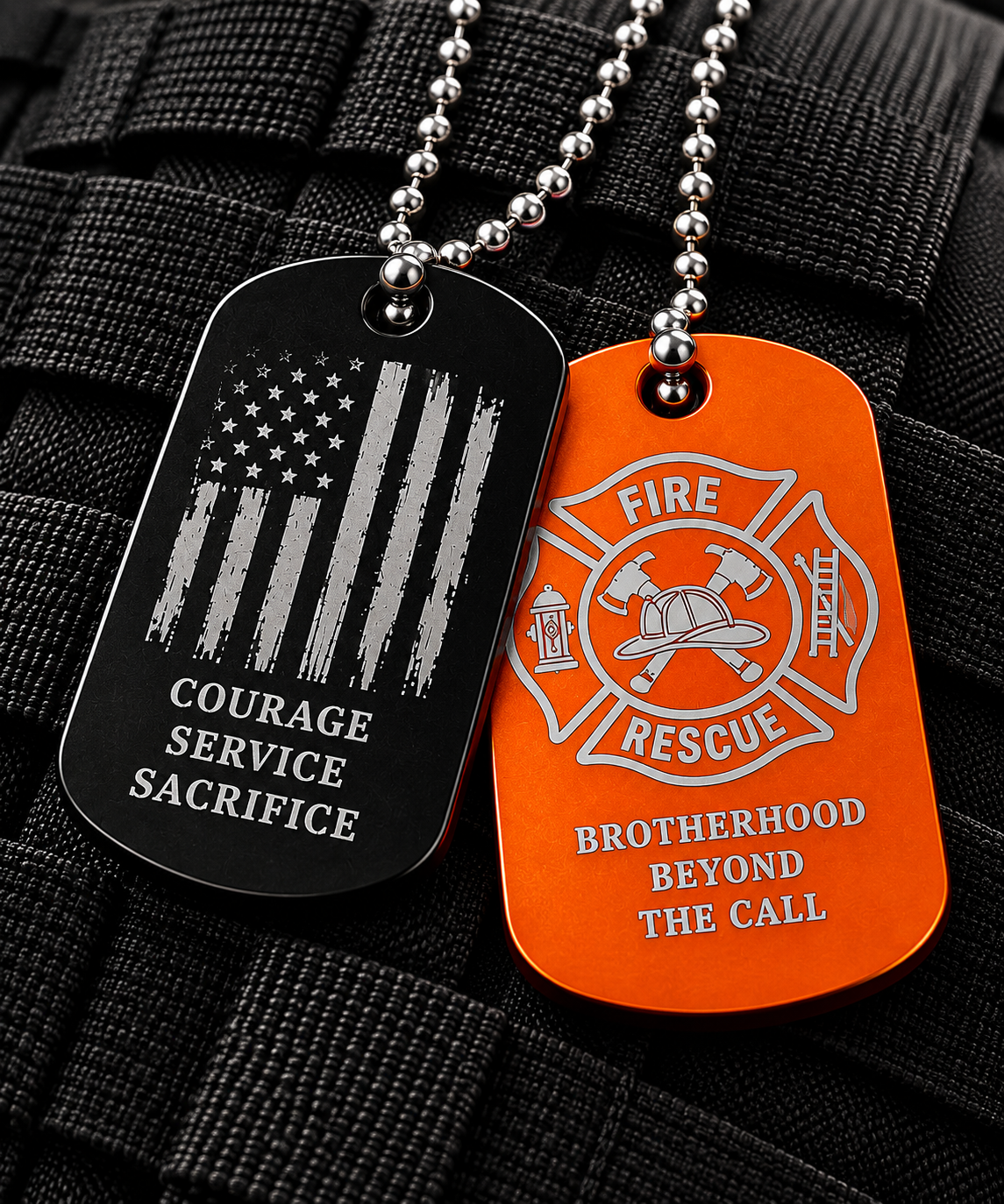 Personalized firefighter dog tags engraved with name and department