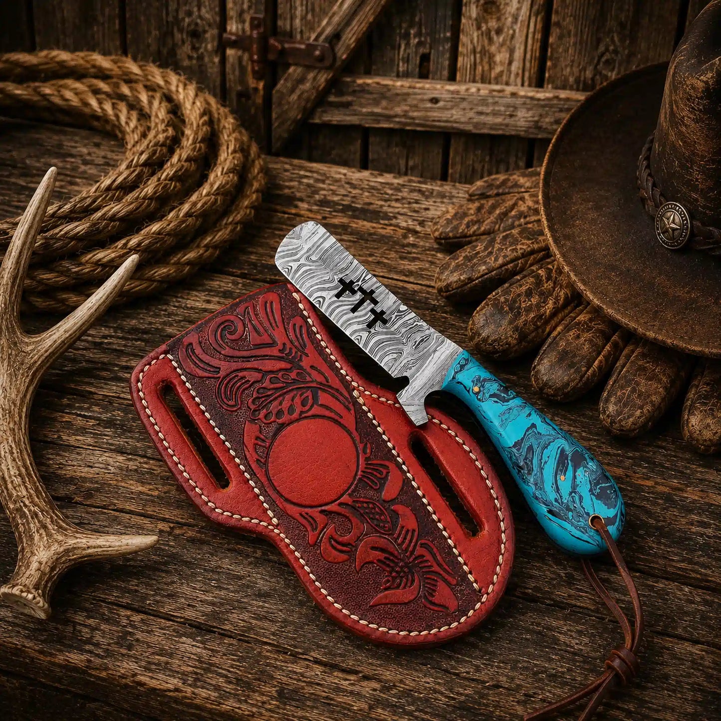 Gift Ready Bull Cutter Knife – 4" Damascus Steel Blade & Epoxy Resin Handle