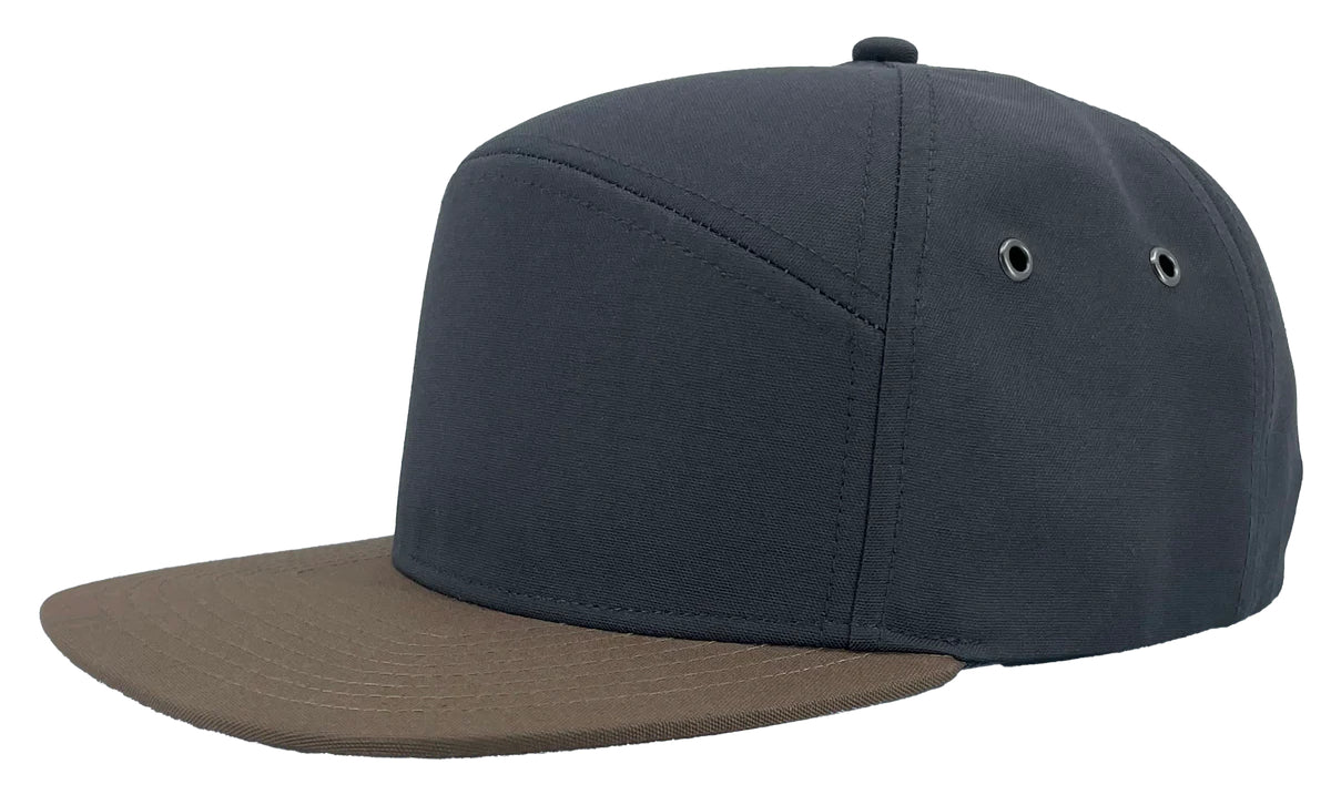 Custom Zapped Headwear Gunny 7-Panel Canvas Snapback Hat in Charcoal/Brown, ready for personalized logo or design