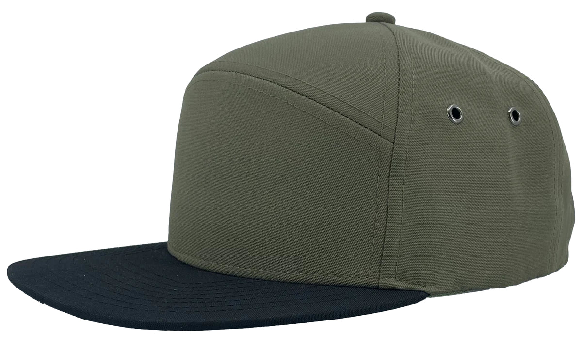 Custom Zapped Headwear Gunny 7-Panel Canvas Snapback Hat in Loden/Black, ready for personalized logo or design