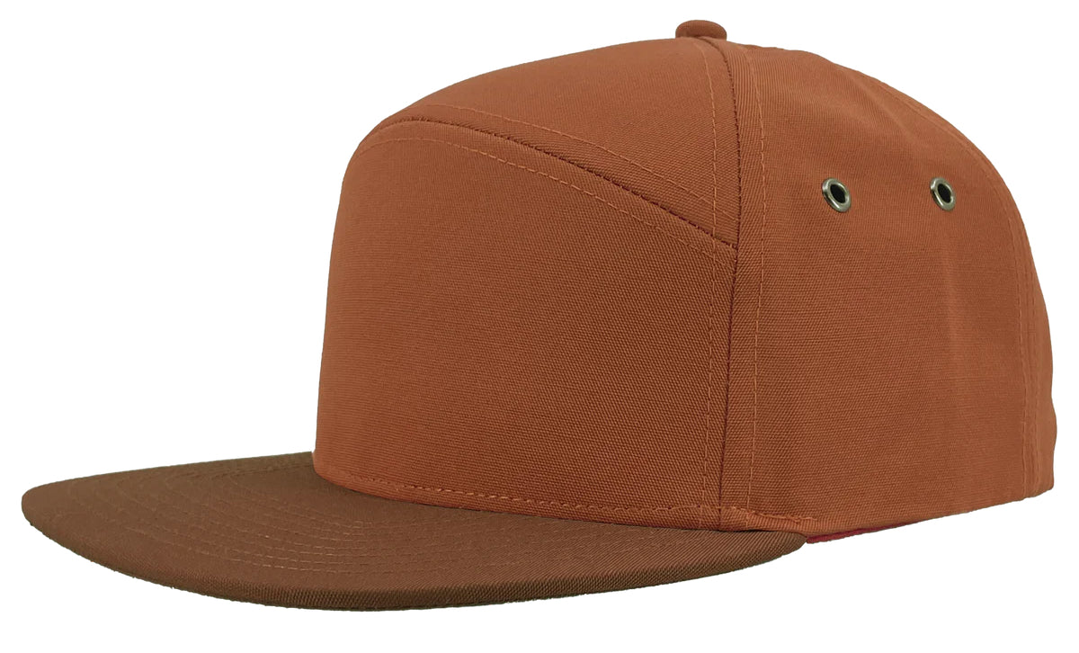 Custom Zapped Headwear Gunny 7-Panel Canvas Snapback Hat in Burnt Orange/Brown, ready for personalized logo or design