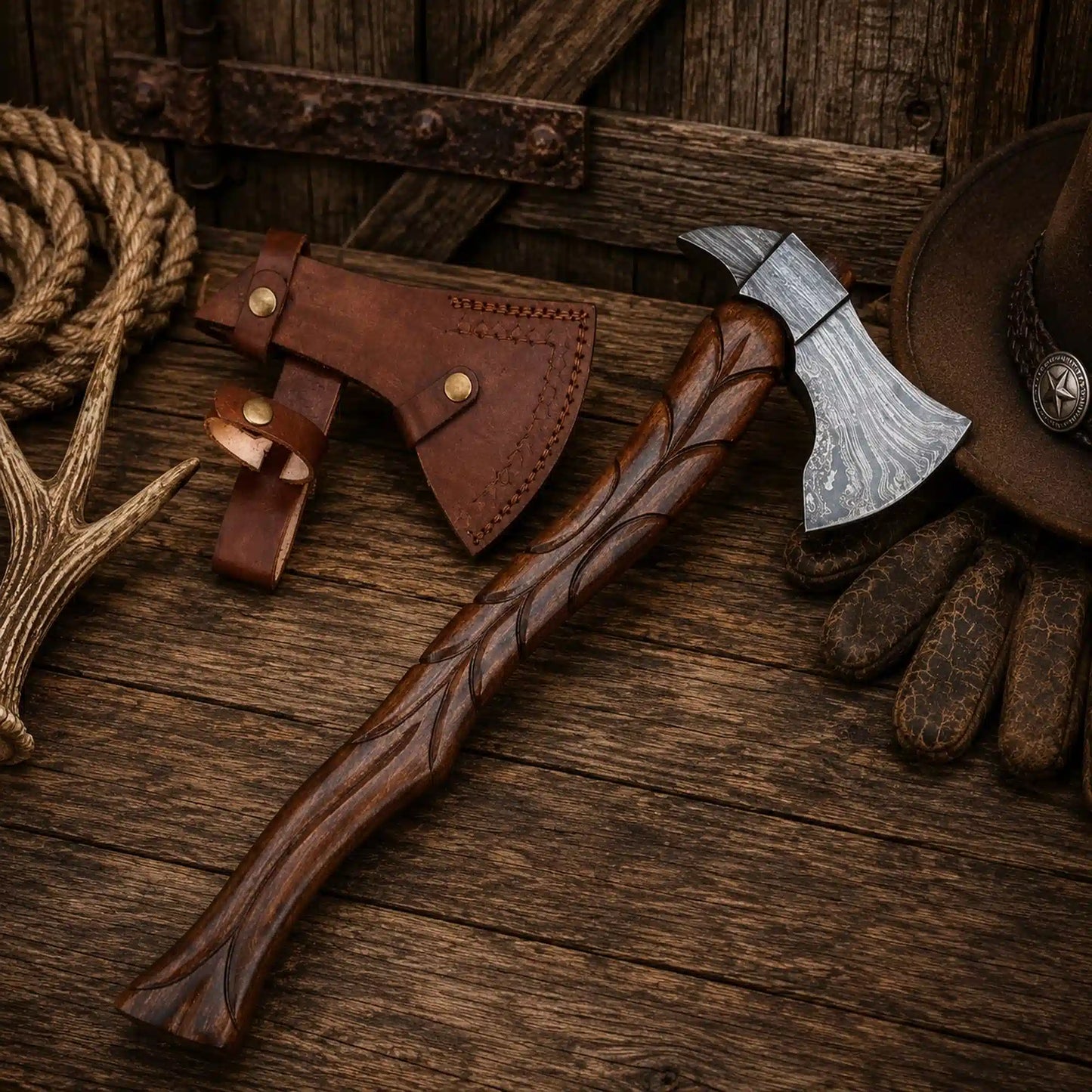 Hand-Forged Damascus Viking Tomahawk Axe – Carved Rosewood Handle with Leather Sheath