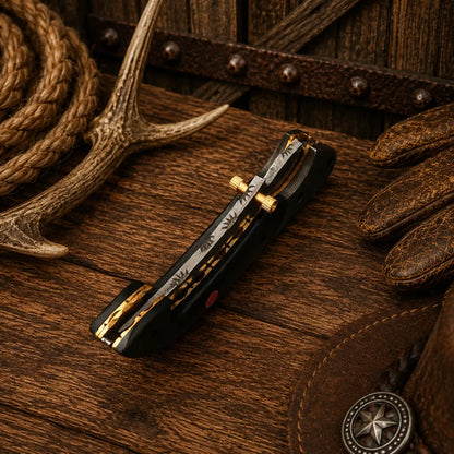 7.25" Western Folding Pocket Knife – Raindrop Damascus Blade & Buffalo Horn Handle