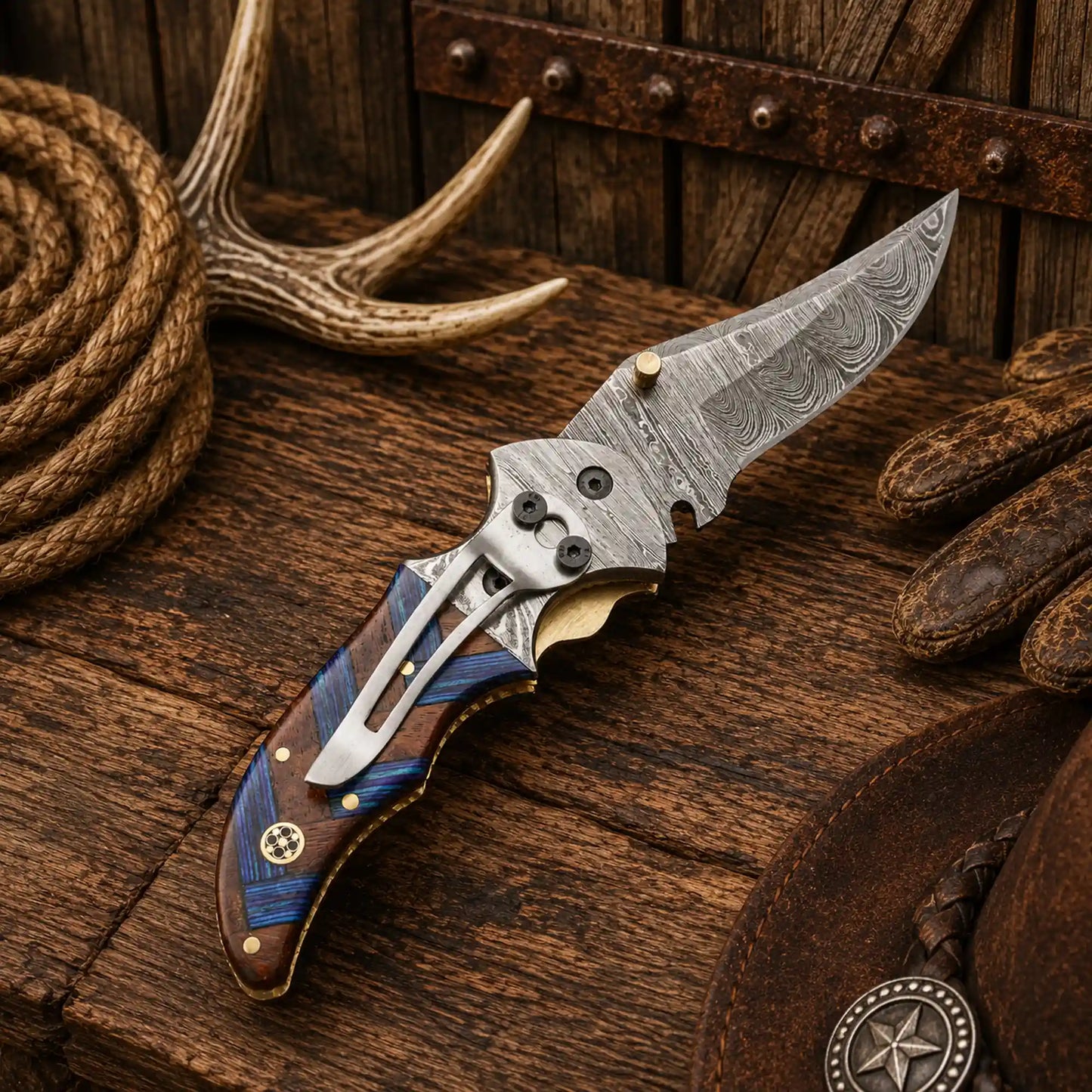 7.25" Western Cowboy Folding Pocket Knife – Damascus Steel & Compact Wood Handle