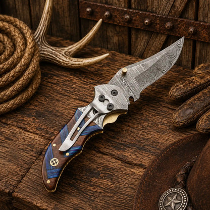 7.25" Western Cowboy Folding Pocket Knife – Damascus Steel & Compact Wood Handle