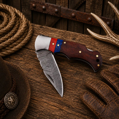 6.5" Damascus Steel Folding Pocket Knife – Wood Handle & Leather Sheath