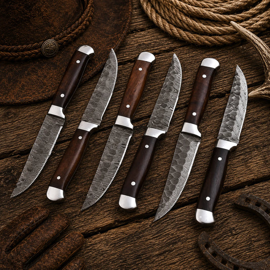 Handmade 6-Piece Damascus Steak Knife Set with Rosewood Handles