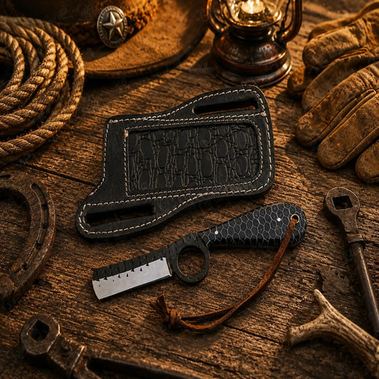 Handmade Bull Cutter Knife – D2 Powder Coated Blade Honeycomb Handle & Front Pancake Leather Sheath