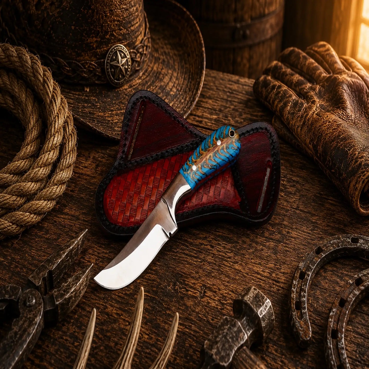 Western Style Ranch Knife – Handmade D2 Steel Turquoise Pine Cone Knife with Cross Draw Sheath