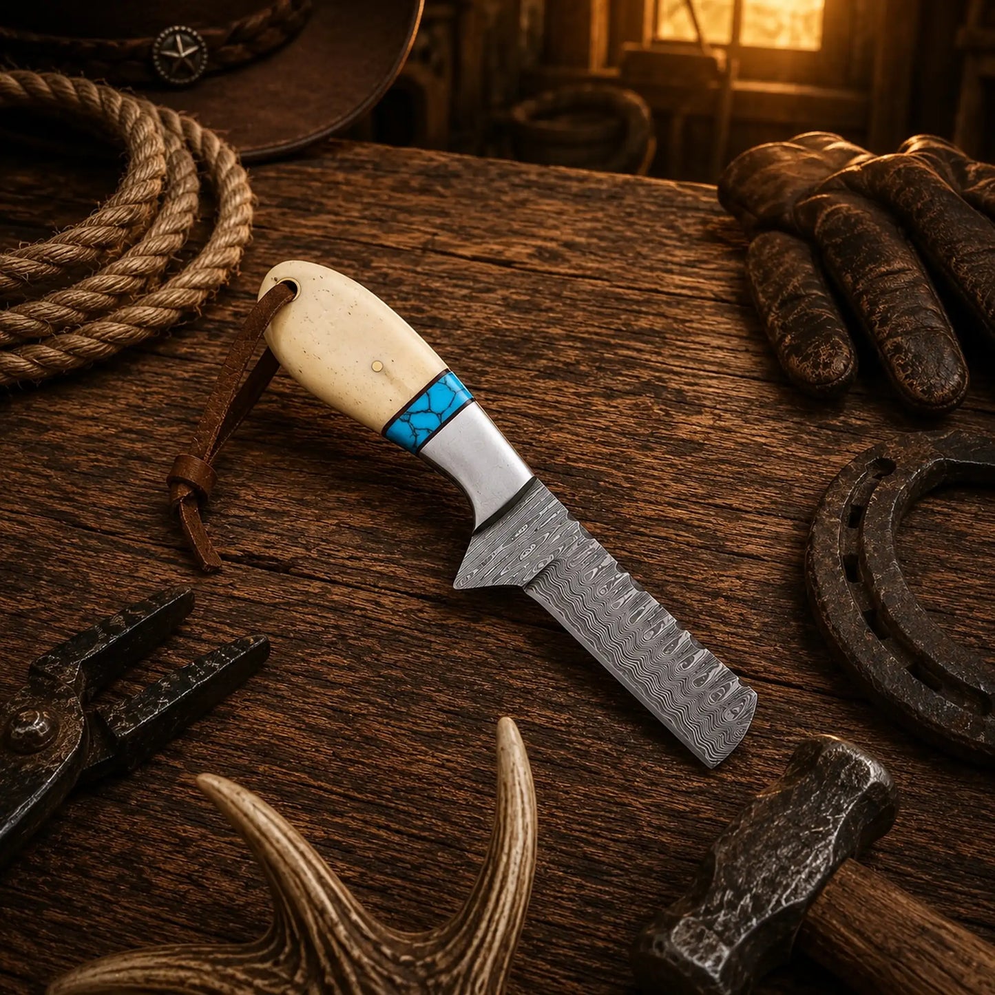 Bull Cutter Knife Damascus Steel Cowboy Ranch Knife – Bone & Turquoise Handle