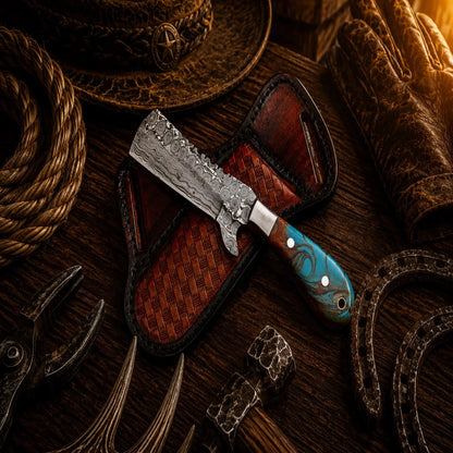 Stockman's Bull Cutter Knife – Handmade Damascus Steel with Epoxy Resin Handle