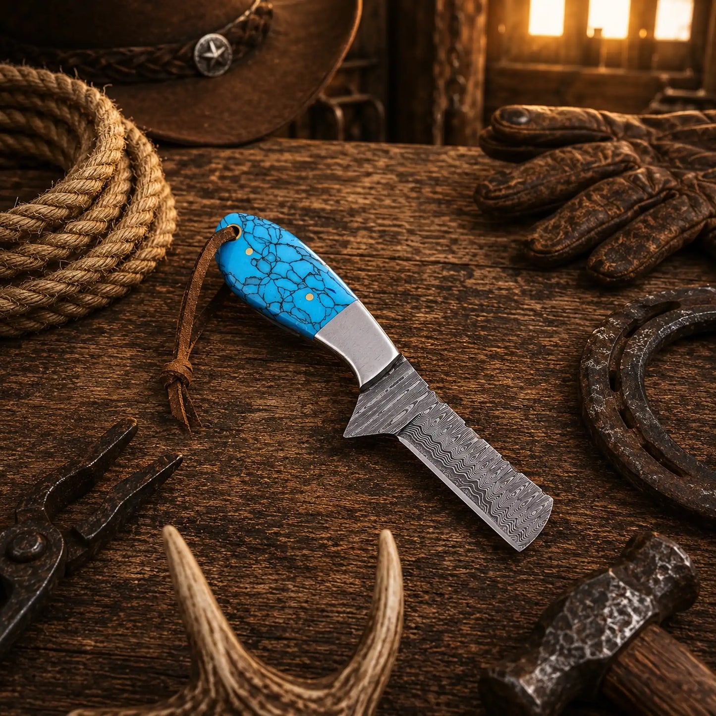 Handmade Turquoise Cowboy Bull Cutter Knife – 1095 Damascus Steel with Side Pancake Leather Sheath