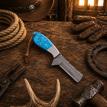 Handmade Turquoise Cowboy Bull Cutter Knife – 1095 Damascus Steel with Side Pancake Leather Sheath
