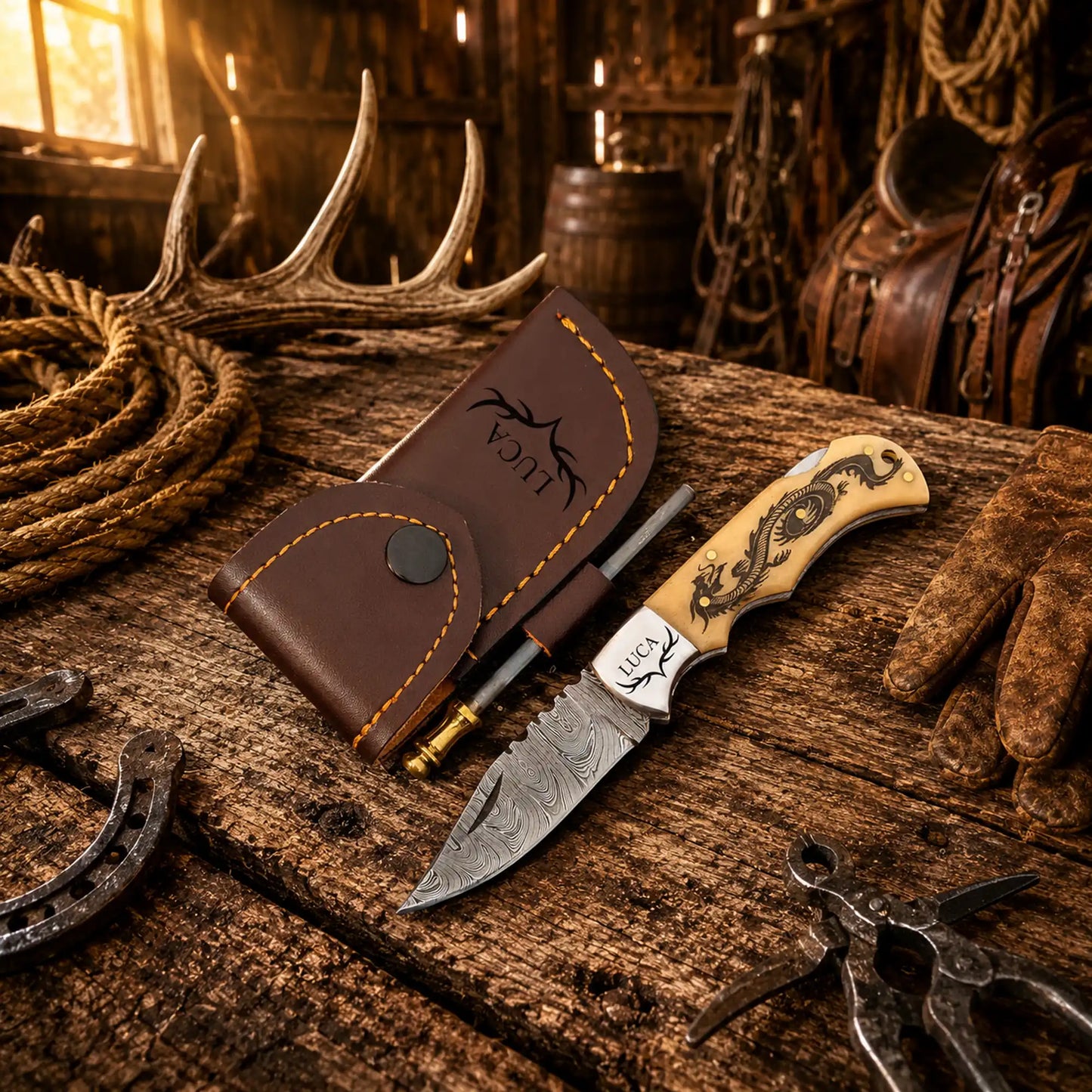 Handmade Damascus Pocket Knife – Dragon Engraved Camel Bone Handle Back Lock Knife
