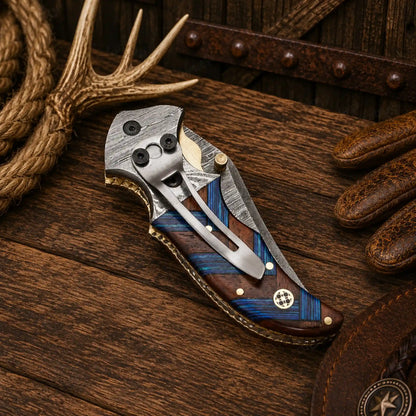 7.25" Western Cowboy Folding Pocket Knife – Damascus Steel & Compact Wood Handle