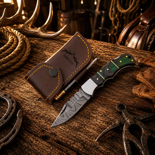 Handmade Damascus Folding Pocket Knife – Green Pakka Wood Back Lock EDC Knife