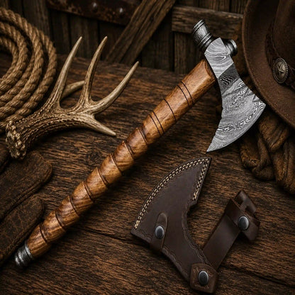Western Style Smoking Pipe Tomahawk Axe – Handmade Damascus Steel with Rosewood Handle