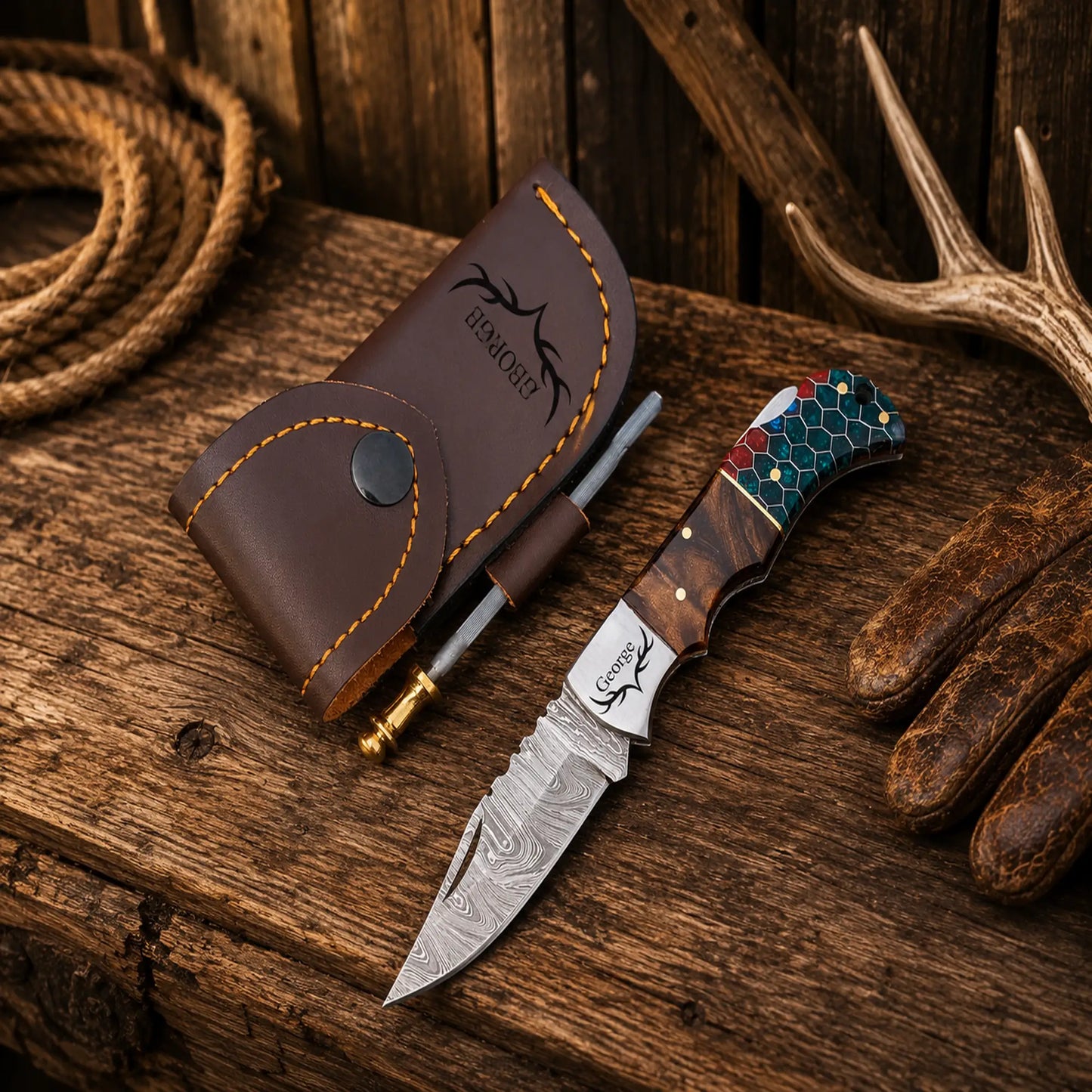 Handmade Damascus Pocket Knife – Honeycomb Resin Handle Back Lock Folding Knife