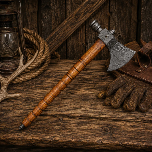 Handmade Damascus Steel Pipe Tomahawk Axe with Wood Handle & Sheath
