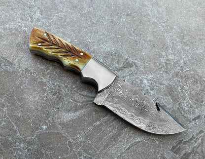Handmade Hunting Knife, Damascus Steel Fixed Blade Knife Carved Burnt Camel Bone Handle