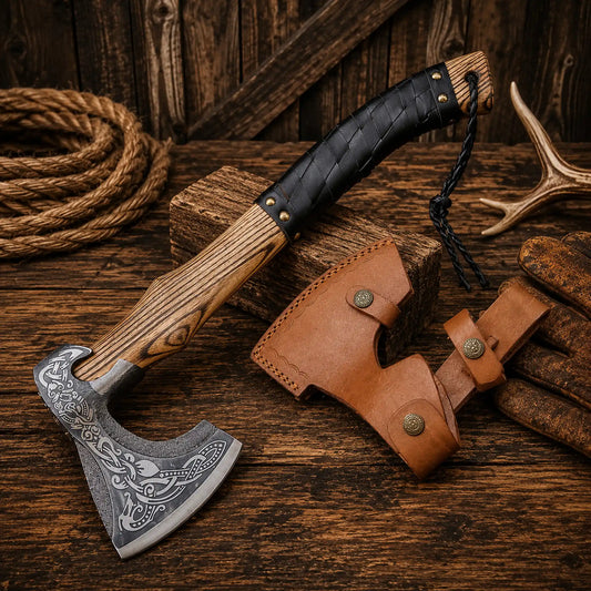 Handmade Viking Bearded Axe | Nordic Engraved Bushcraft Camping Hatchet