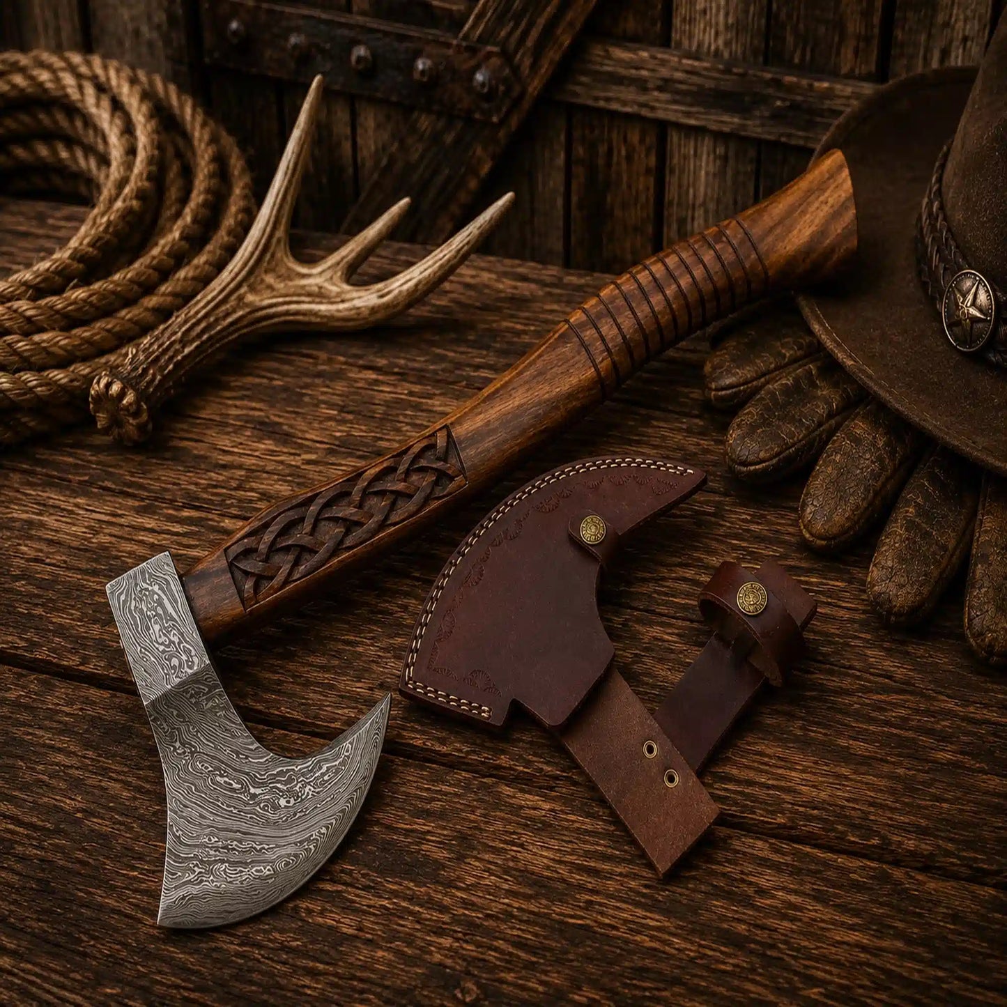Viking Camping Axe | Damascus Steel Tomahawk with Leather Sheath