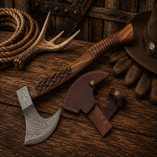 Viking Camping Axe | Damascus Steel Tomahawk with Leather Sheath