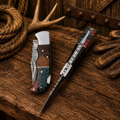Handmade Damascus Pocket Knife – Honeycomb Resin Handle Back Lock Folding Knife