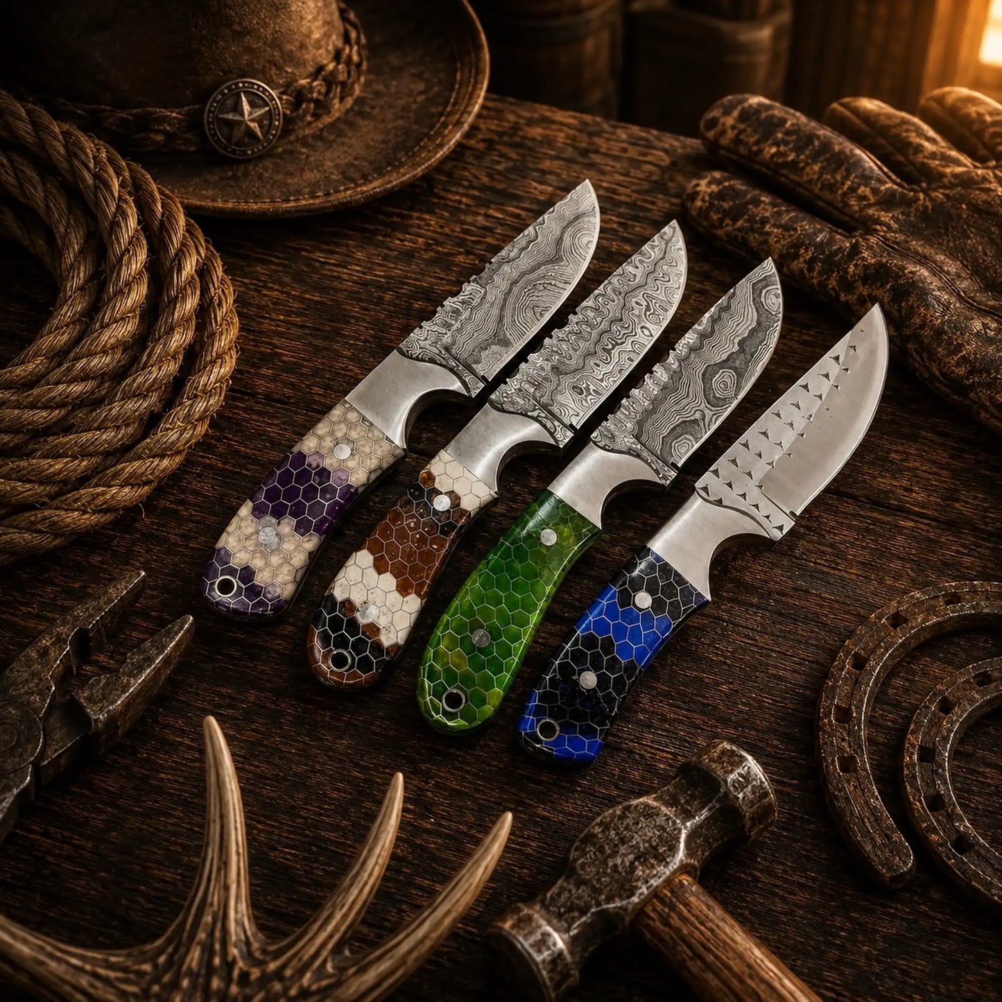 Honeycomb Western Outdoorsman Knife Collection – Handmade Rasp File & Damascus Blade Set