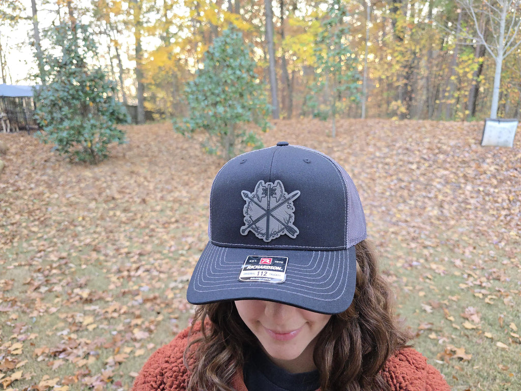 Lord of the Rings-inspired leather patch trucker hat, leather patch detail