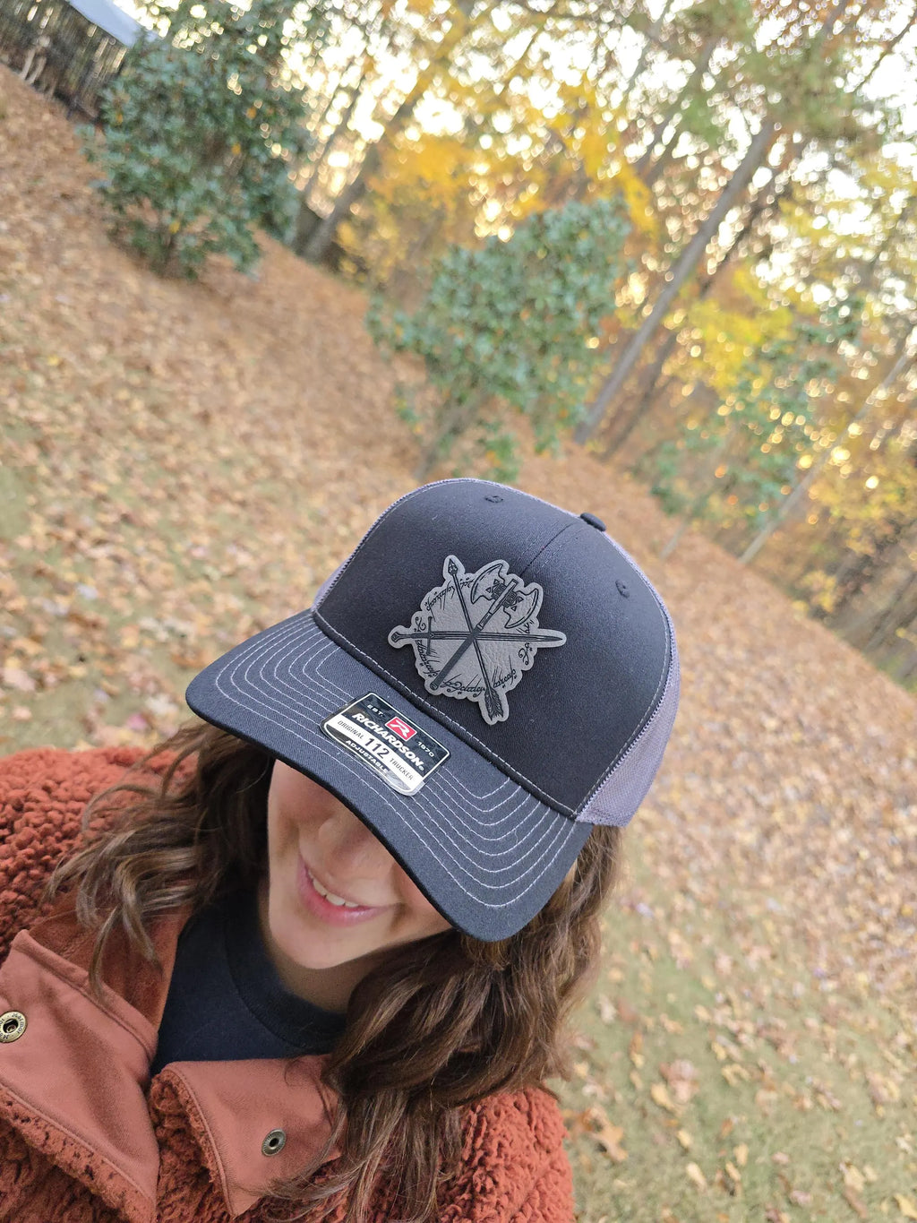 Lord of the Rings-inspired leather patch trucker hat, front view
