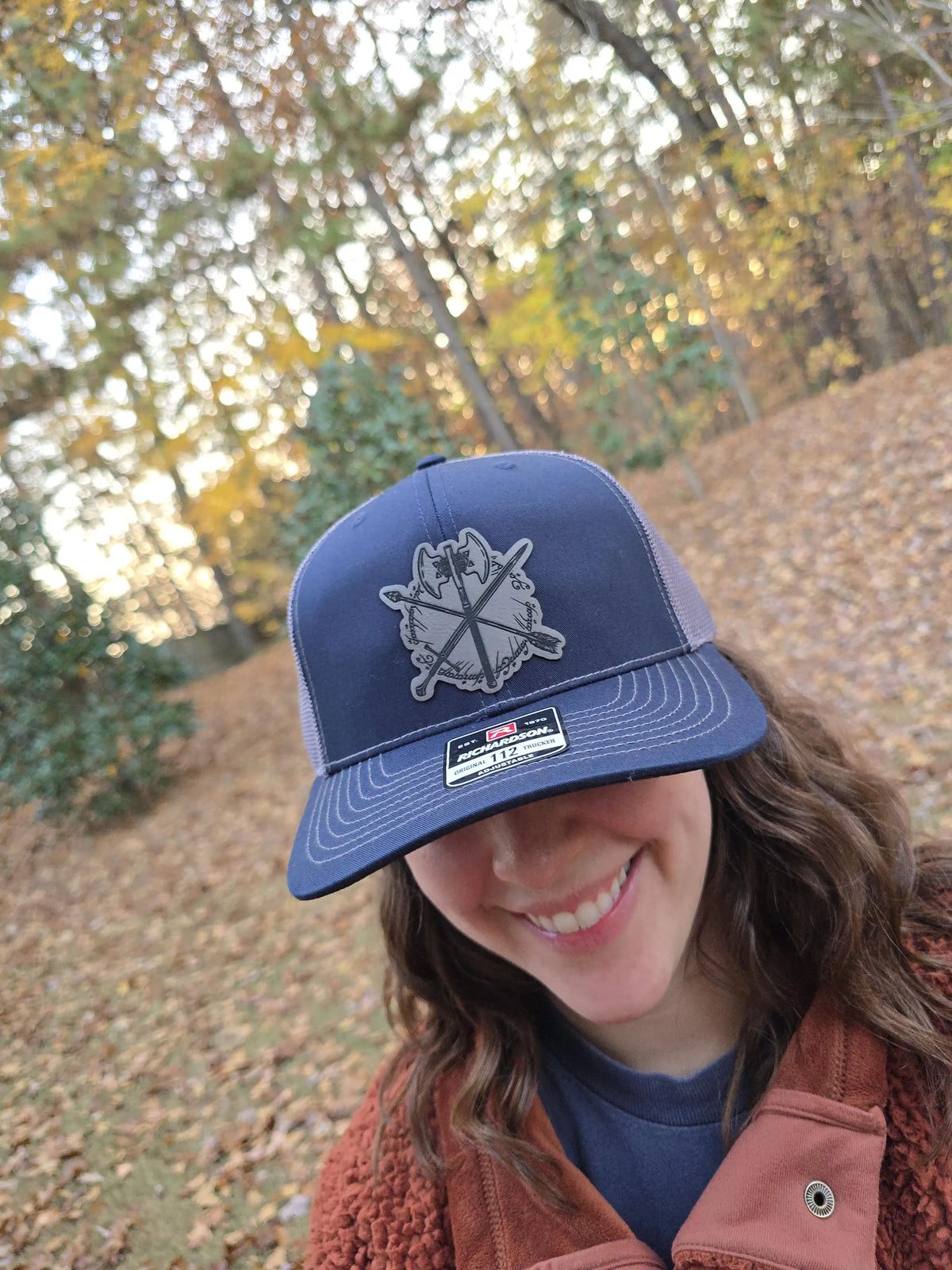 Lord of the Rings-inspired leather patch trucker hat, side view
