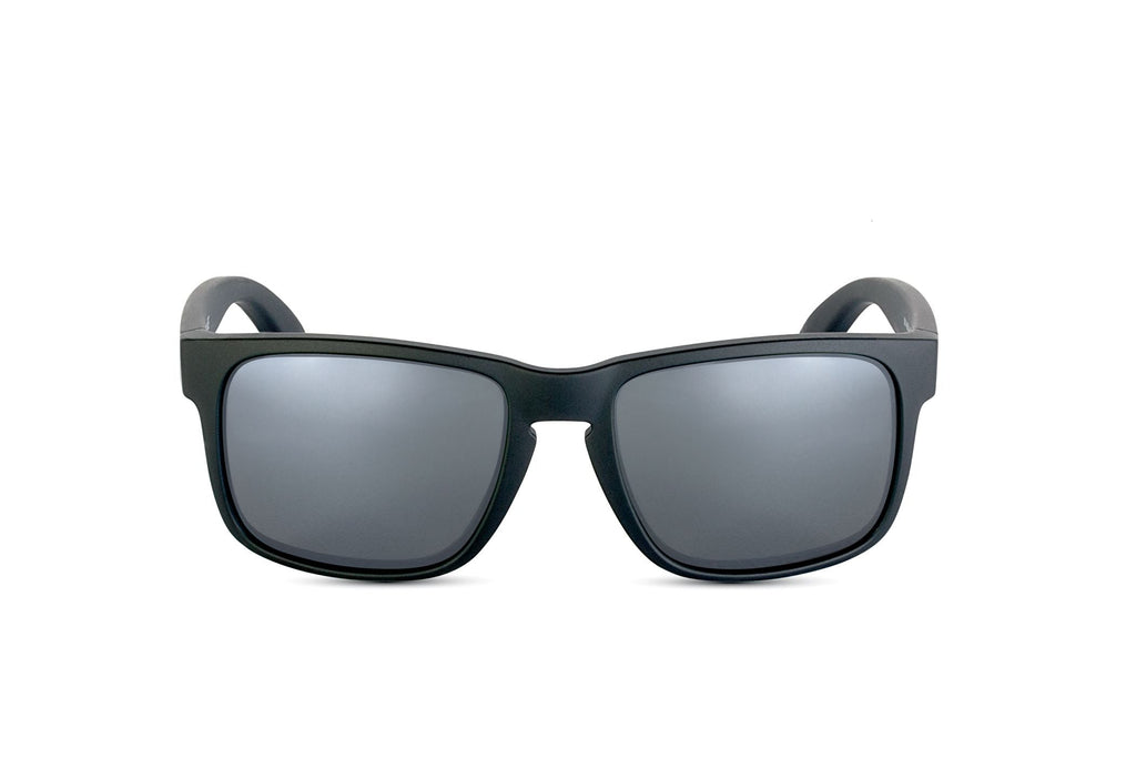 Decoy sunglasses in matte black with blue gun lens, additional angle