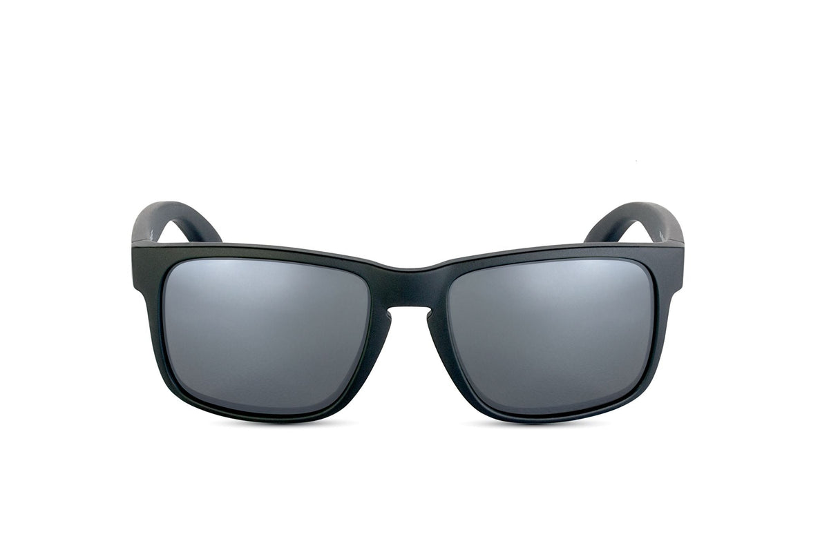 Decoy sunglasses in matte black with blue gun lens, additional angle