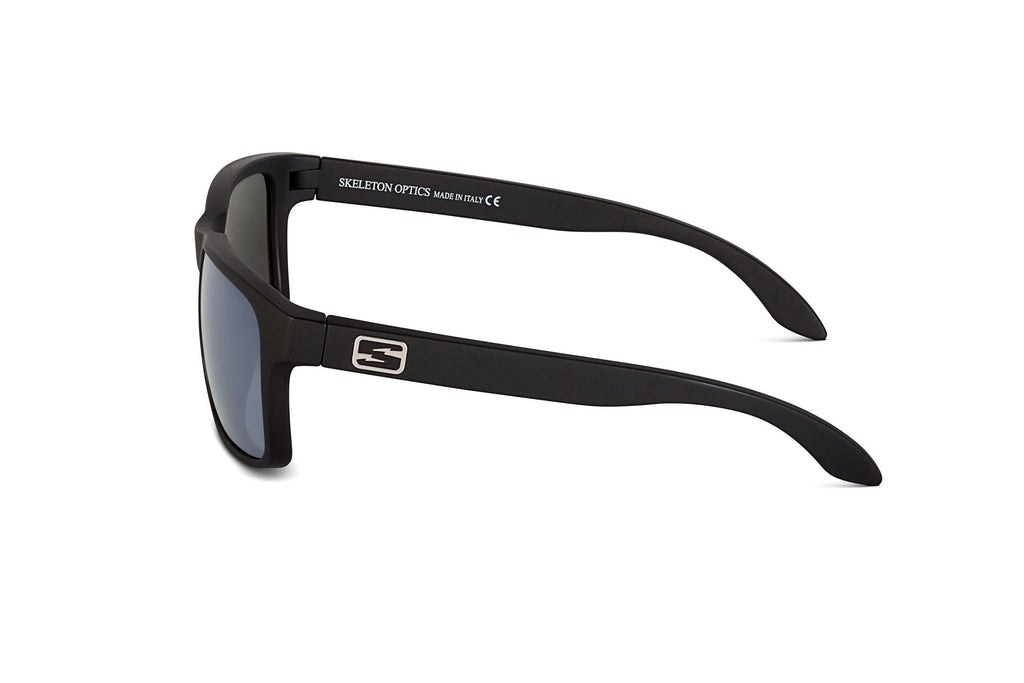Decoy sunglasses in matte black with blue gun lens, temple detail